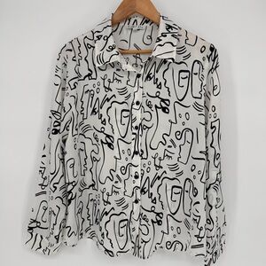 Rabbit Rose Womens White Long Sleeve Collared Button Down Blouse Large Abstract